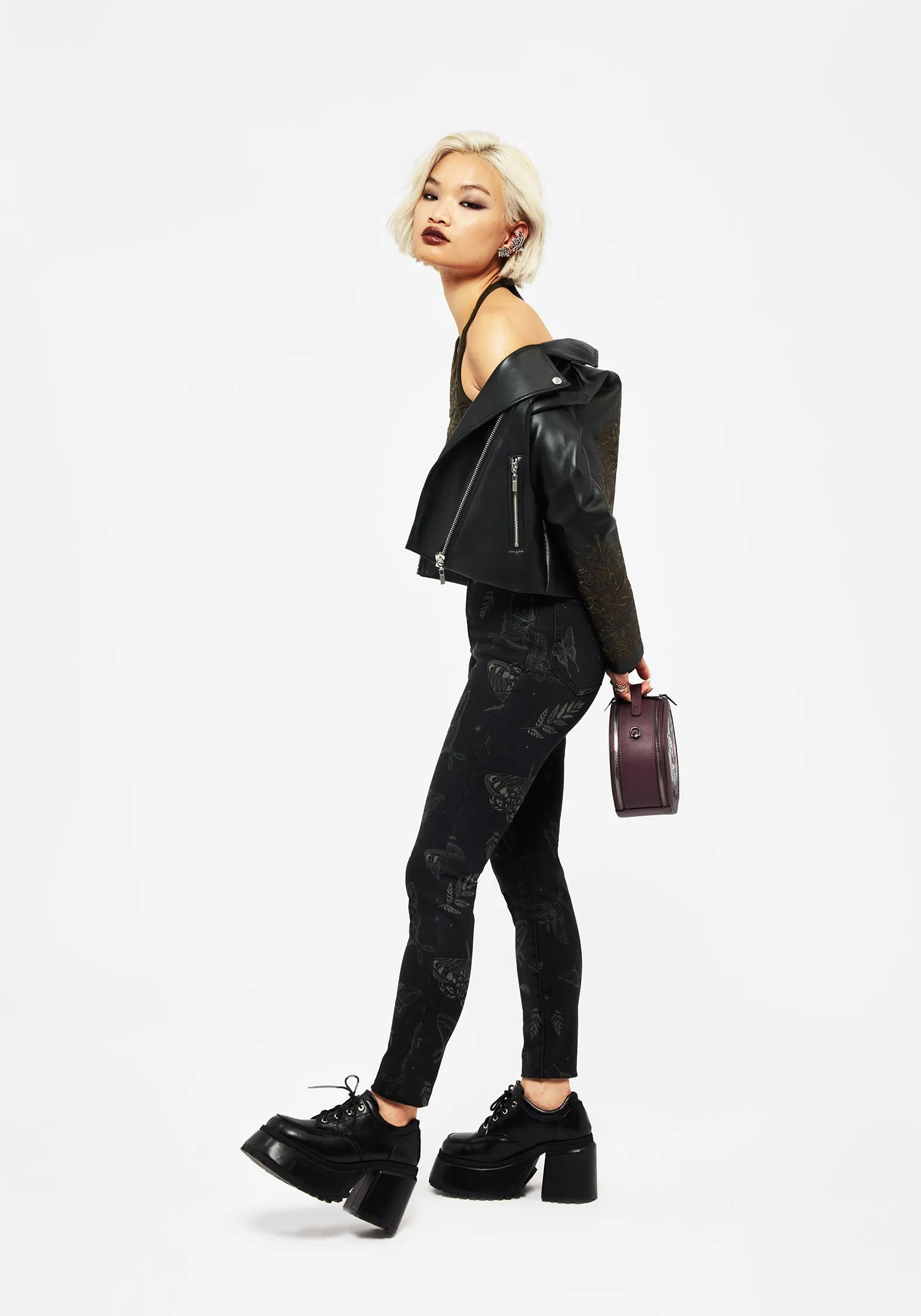Callopistria Moth Print Denim Skinny Jeans