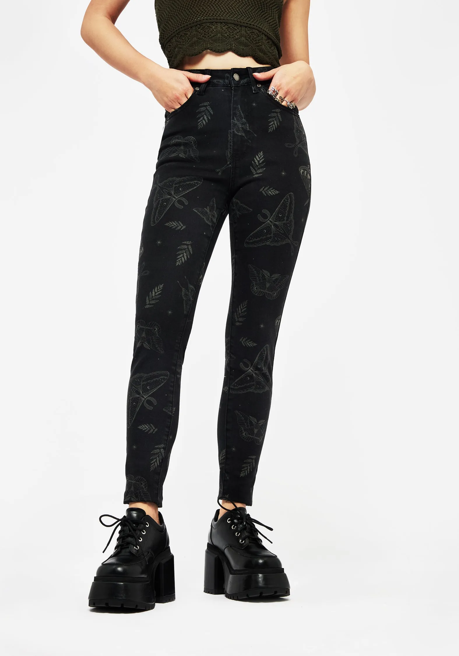Callopistria Moth Print Denim Skinny Jeans