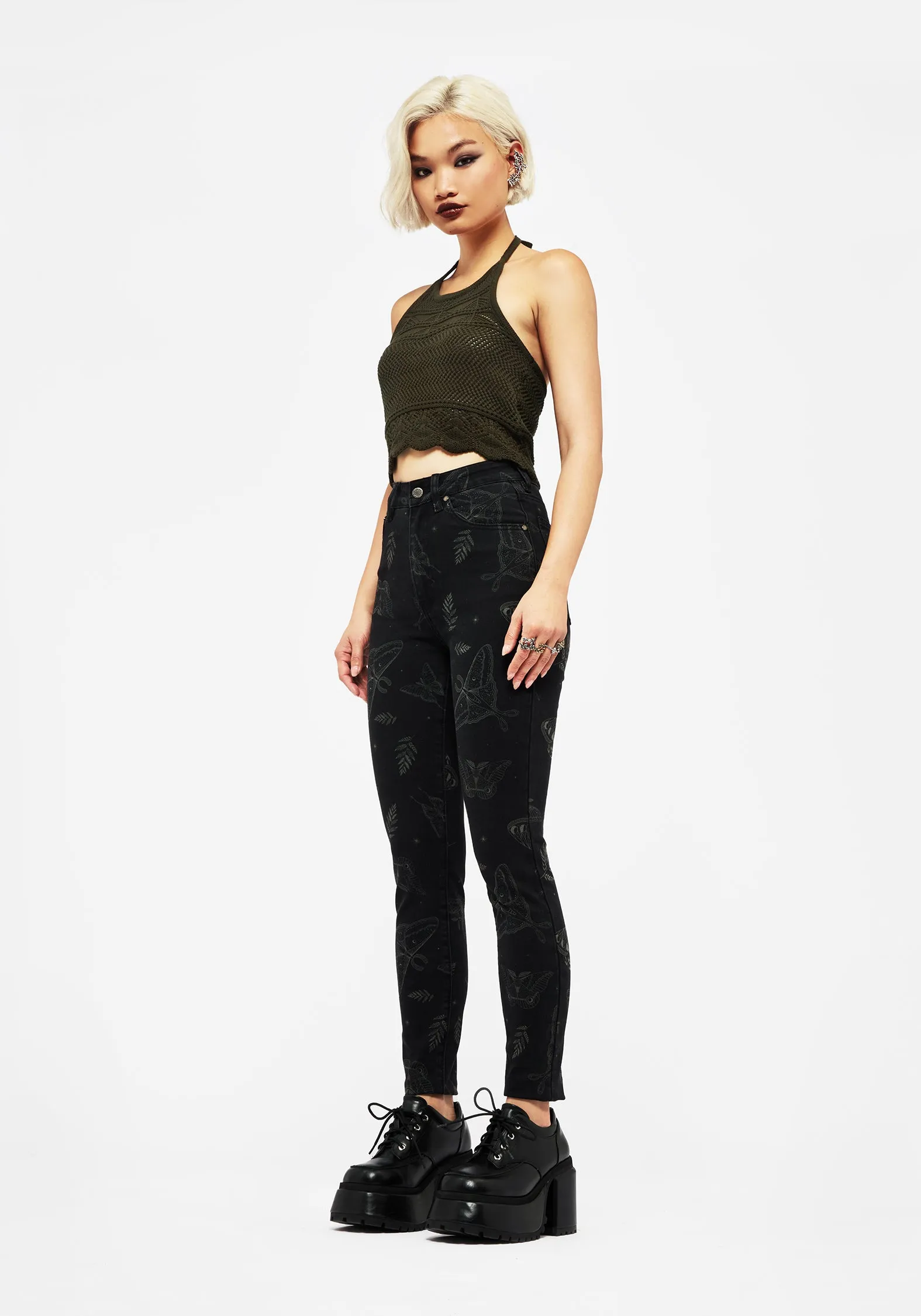 Callopistria Moth Print Denim Skinny Jeans
