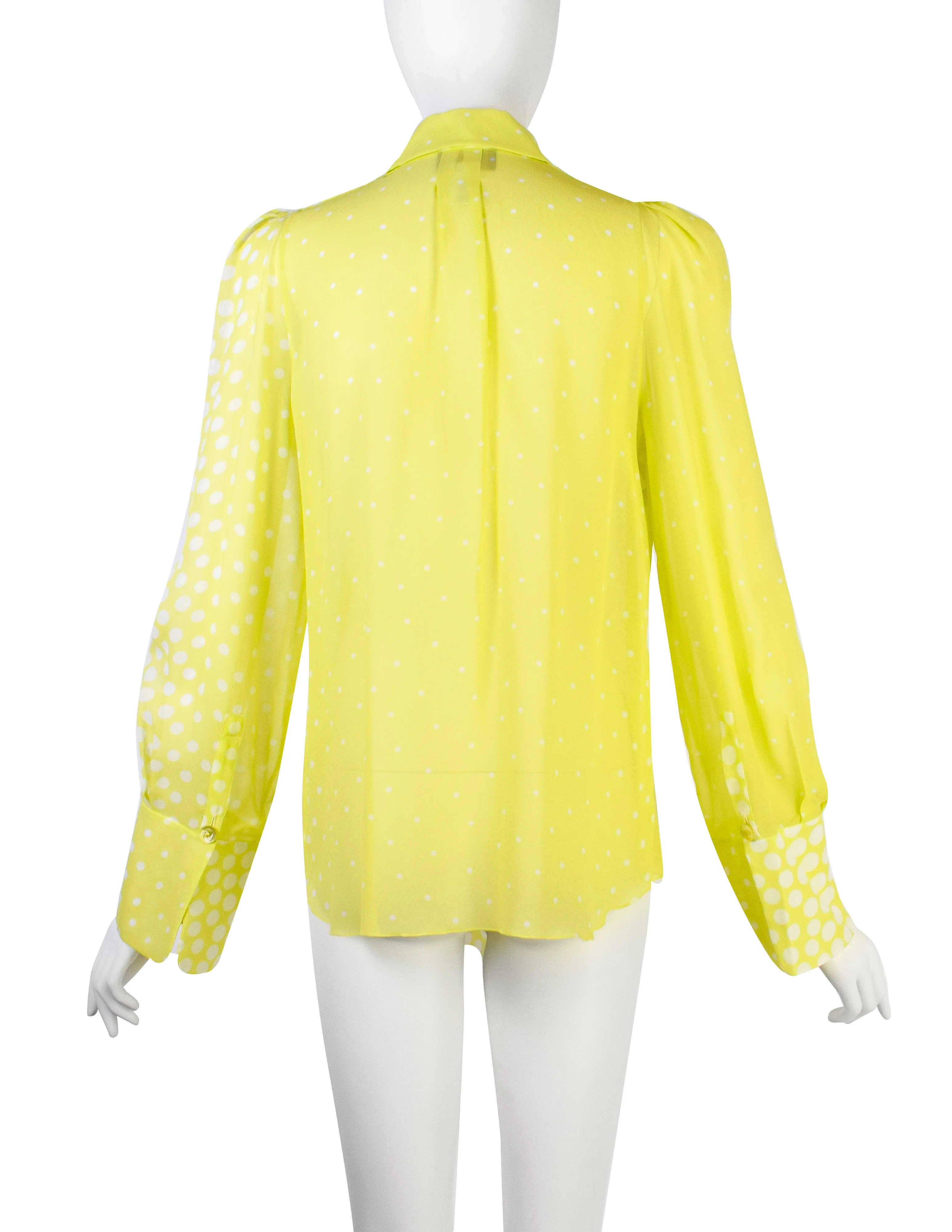 Christian Lacroix Vintage Neon Yellow-Green Polka Dot Silk Georgette Lavaliere Shirt