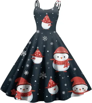 Christmas Dresses for Women Vintage Cocktail Swing Vacation Knee Length Midi Casual Dresses Holiday Beach Party Dress