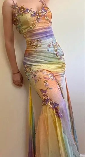 Colorful Straps Appliques Tulle Mermaid Long Party Dress Chic Evening Dress, D566
