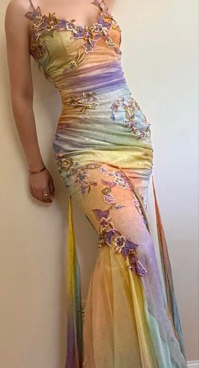 Colorful Straps Appliques Tulle Mermaid Long Party Dress Chic Evening Dress, D566