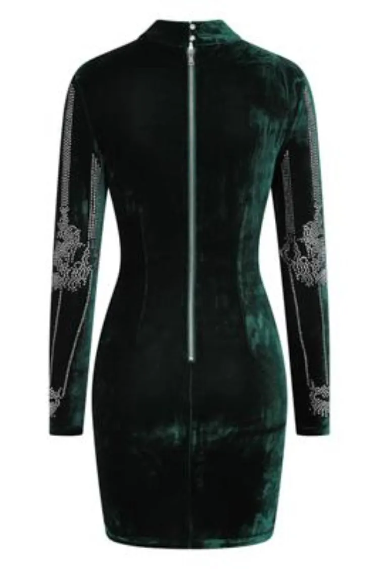 Crush Green Velvet Embellished Rhinestone Long Sleeve Bodycon Dress