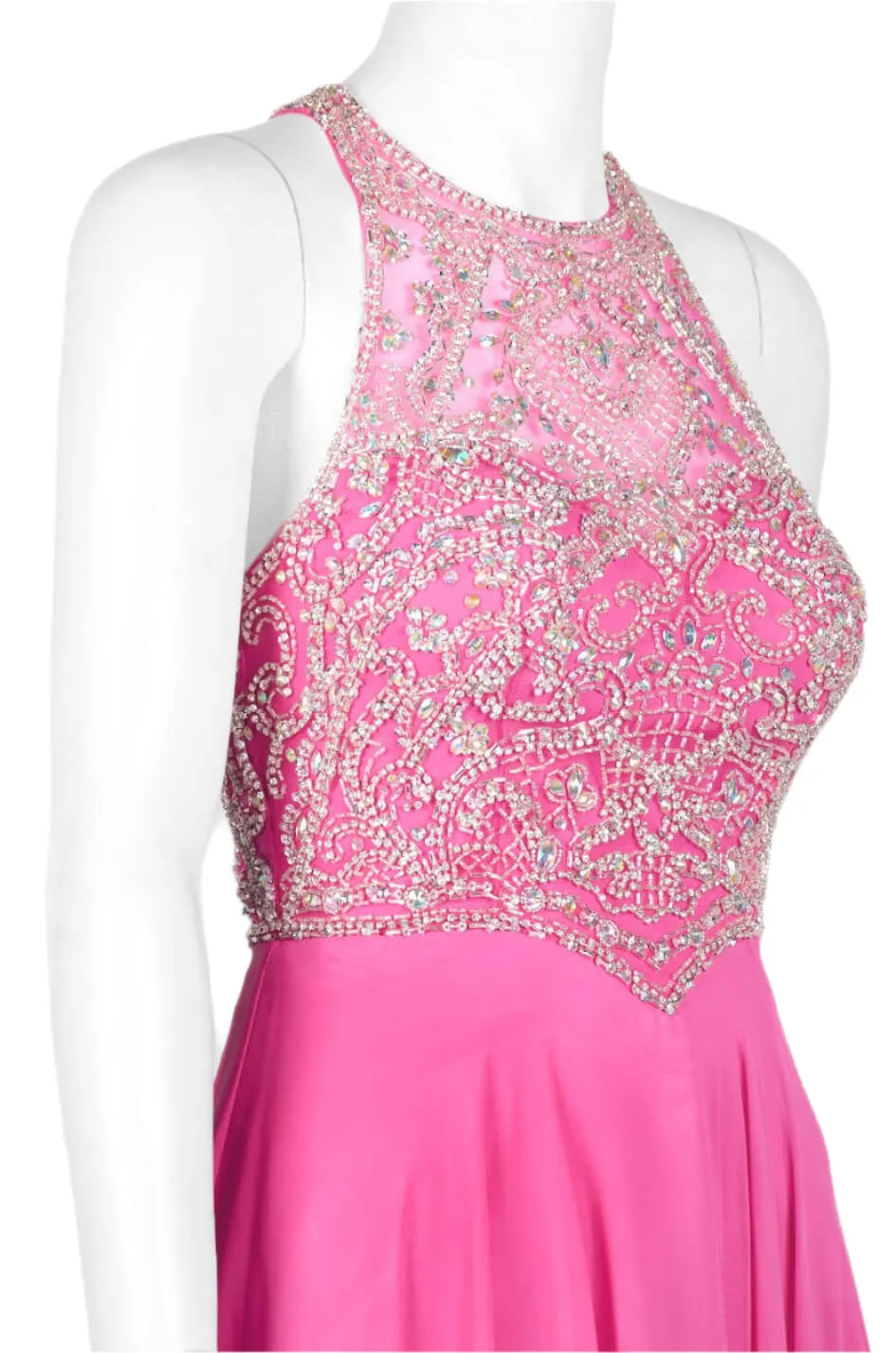Dave & Johnny Halter Neck Cutout Back Embellished Bodice Ruched Mesh Chiffon Gown