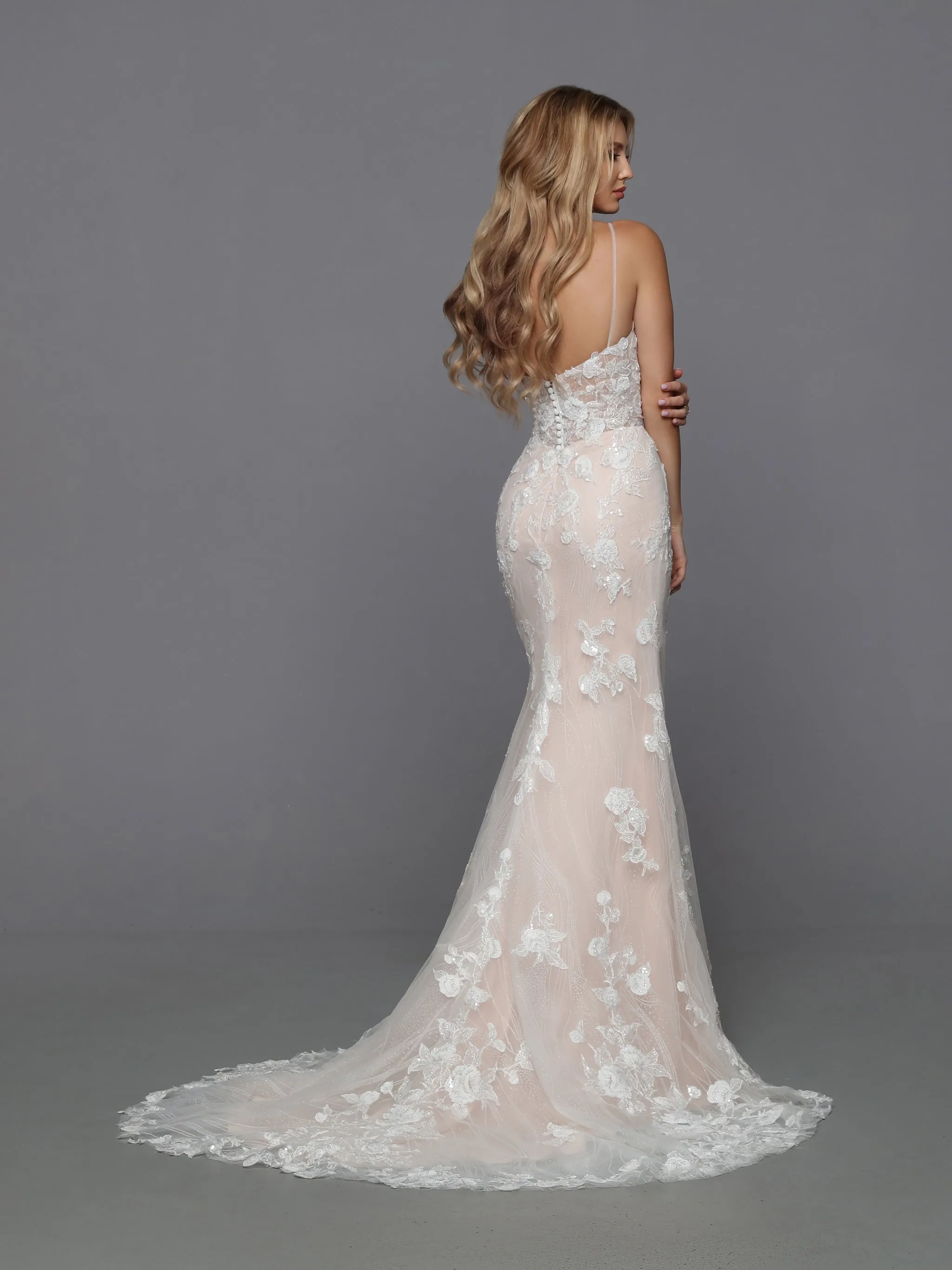 DaVinci Bridal 50777 Fit And Flare V-neck Lace Open Back Spaghetti Straps Floral Train Wedding Dress
