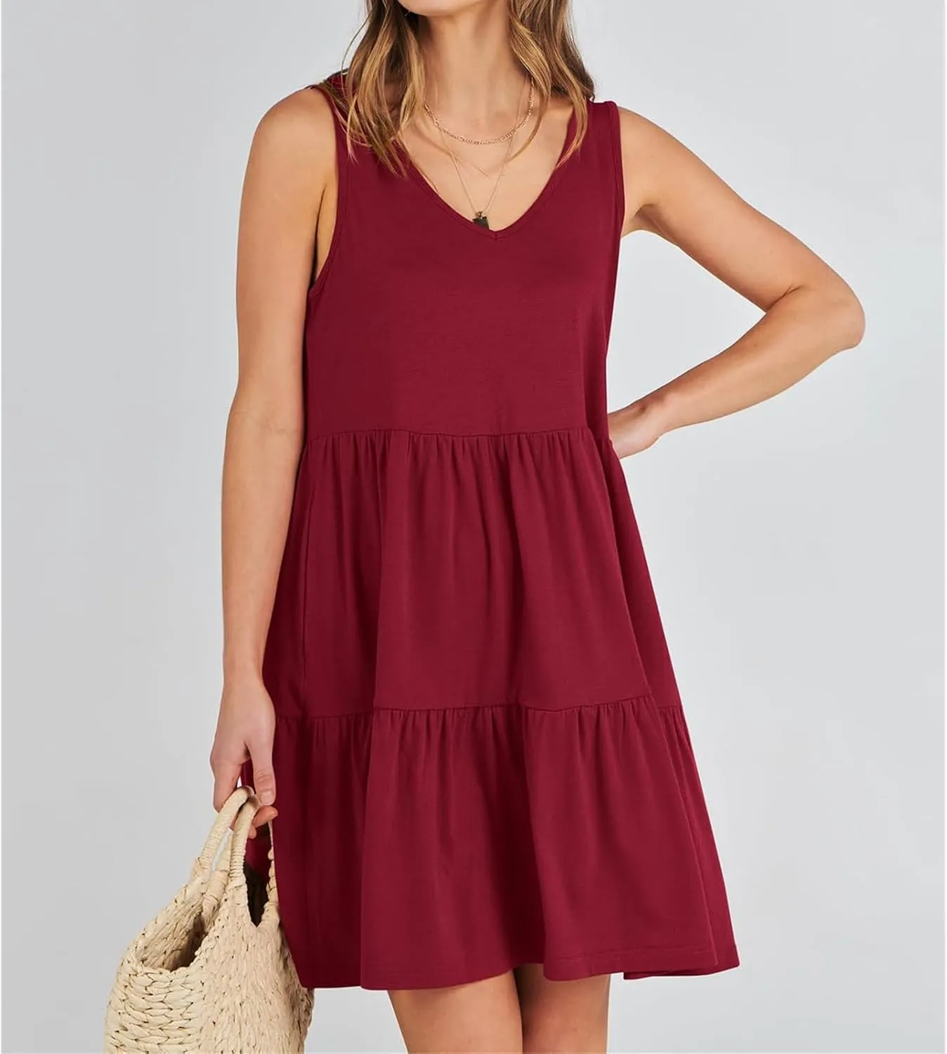 Dresses for Women Summer Fashion Sleeveless V Neck Ruffle Waist Mini Dress Solid Color Beach Vacation Sundress