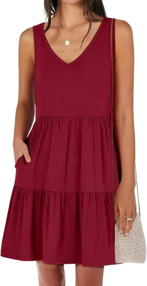 Dresses for Women Summer Fashion Sleeveless V Neck Ruffle Waist Mini Dress Solid Color Beach Vacation Sundress