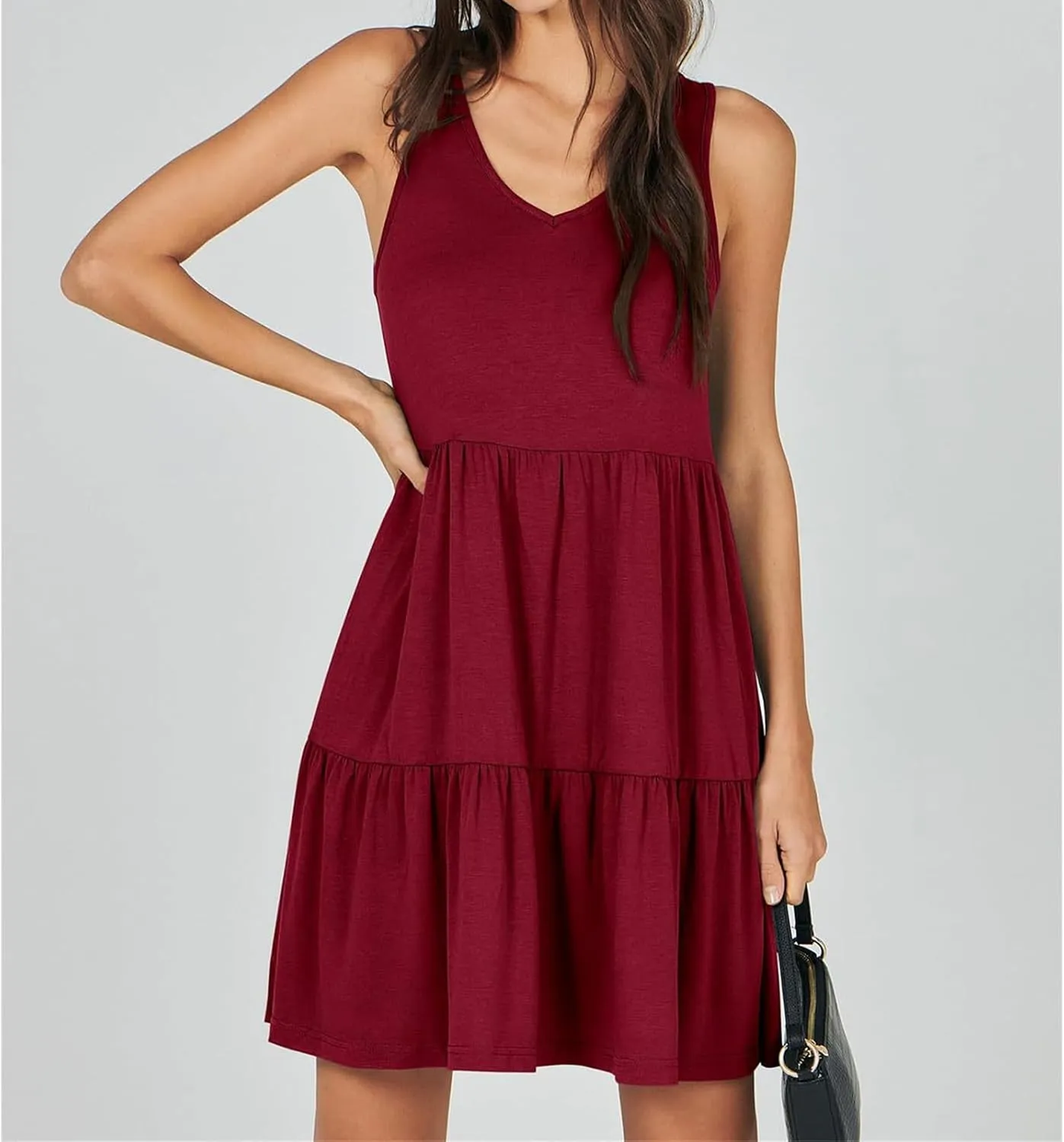Dresses for Women Summer Fashion Sleeveless V Neck Ruffle Waist Mini Dress Solid Color Beach Vacation Sundress