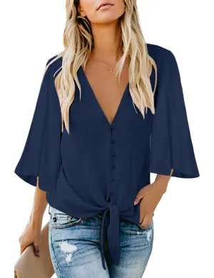 Estate Blue Women's V Neck Button Down Shirts 3/4 Bell Sleeve Tie Knot Blouse