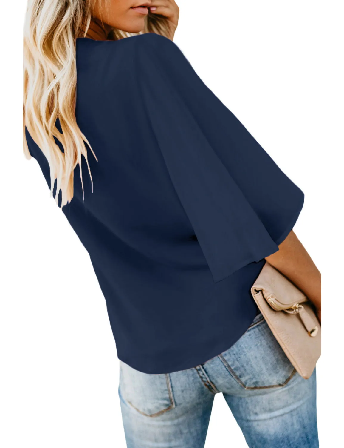 Estate Blue Women's V Neck Button Down Shirts 3/4 Bell Sleeve Tie Knot Blouse
