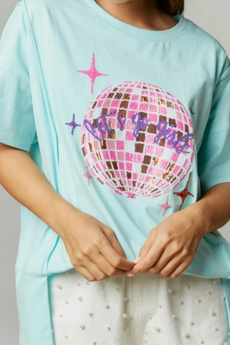 Faye Graphic Sequin Jersey Tee- Baby Blue