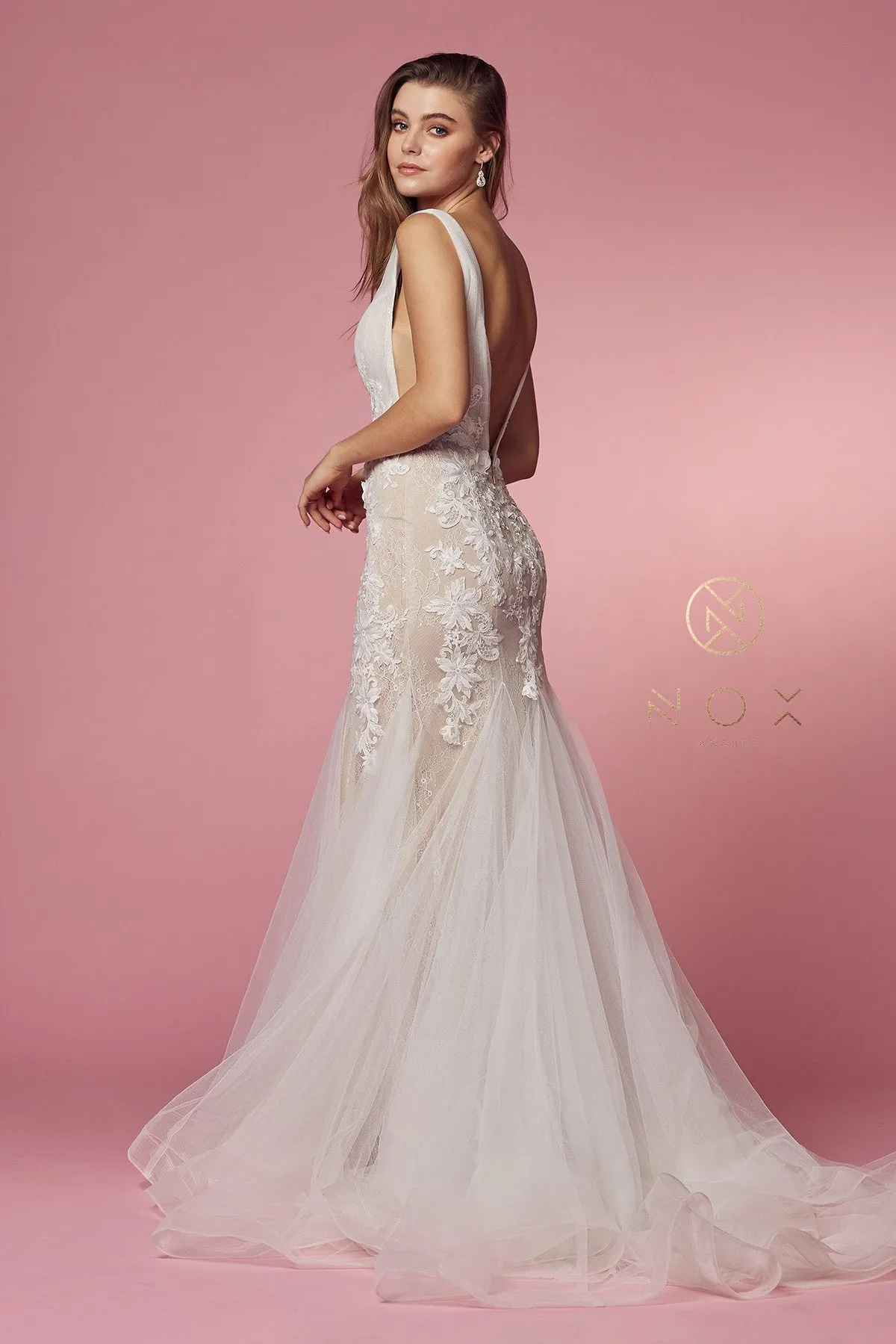 Floral Applique Mermaid Bridal Gown by Nox Anabel JE917