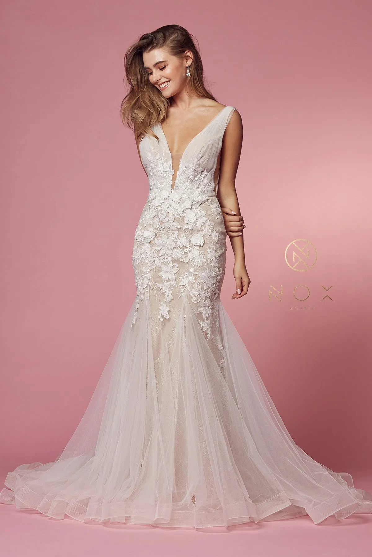 Floral Applique Mermaid Bridal Gown by Nox Anabel JE917