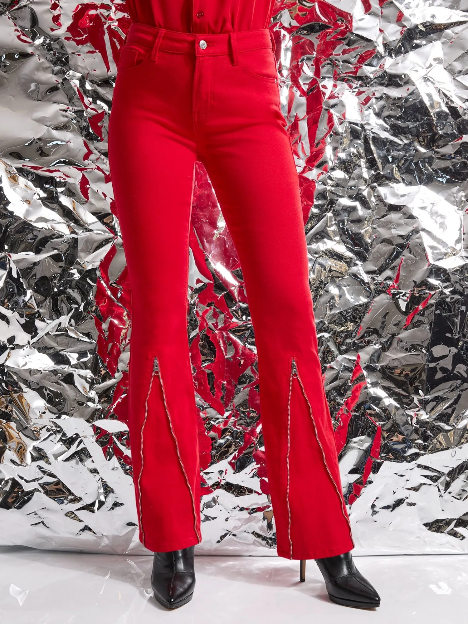 High-Waisted Zip-Front Bootcut Jeans - Red