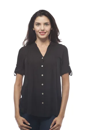 Hollywood Star Fashion Roll up Sleeve Button Up Collar Less Blouse