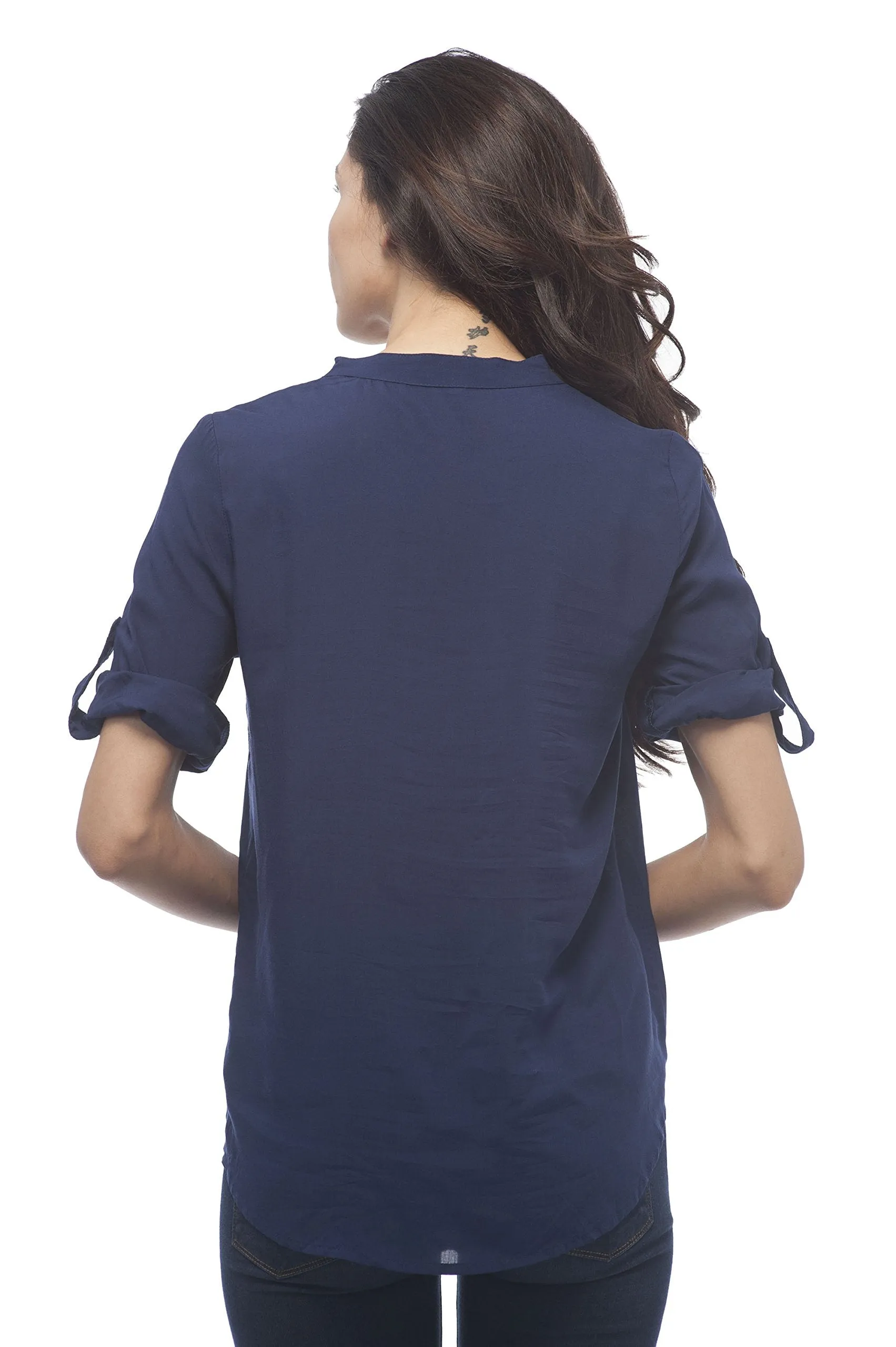 Hollywood Star Fashion Roll up Sleeve Button Up Collar Less Blouse