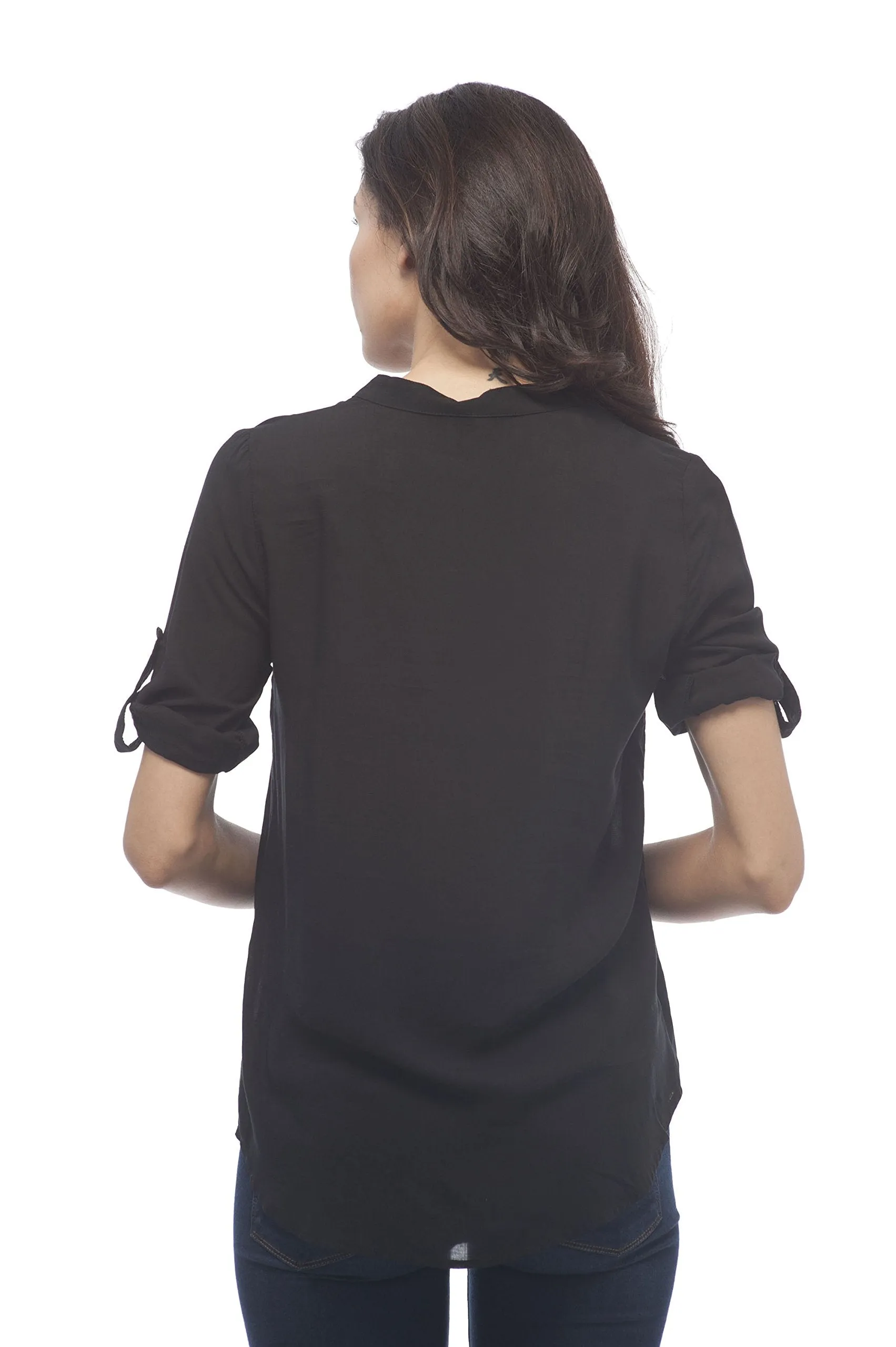 Hollywood Star Fashion Roll up Sleeve Button Up Collar Less Blouse