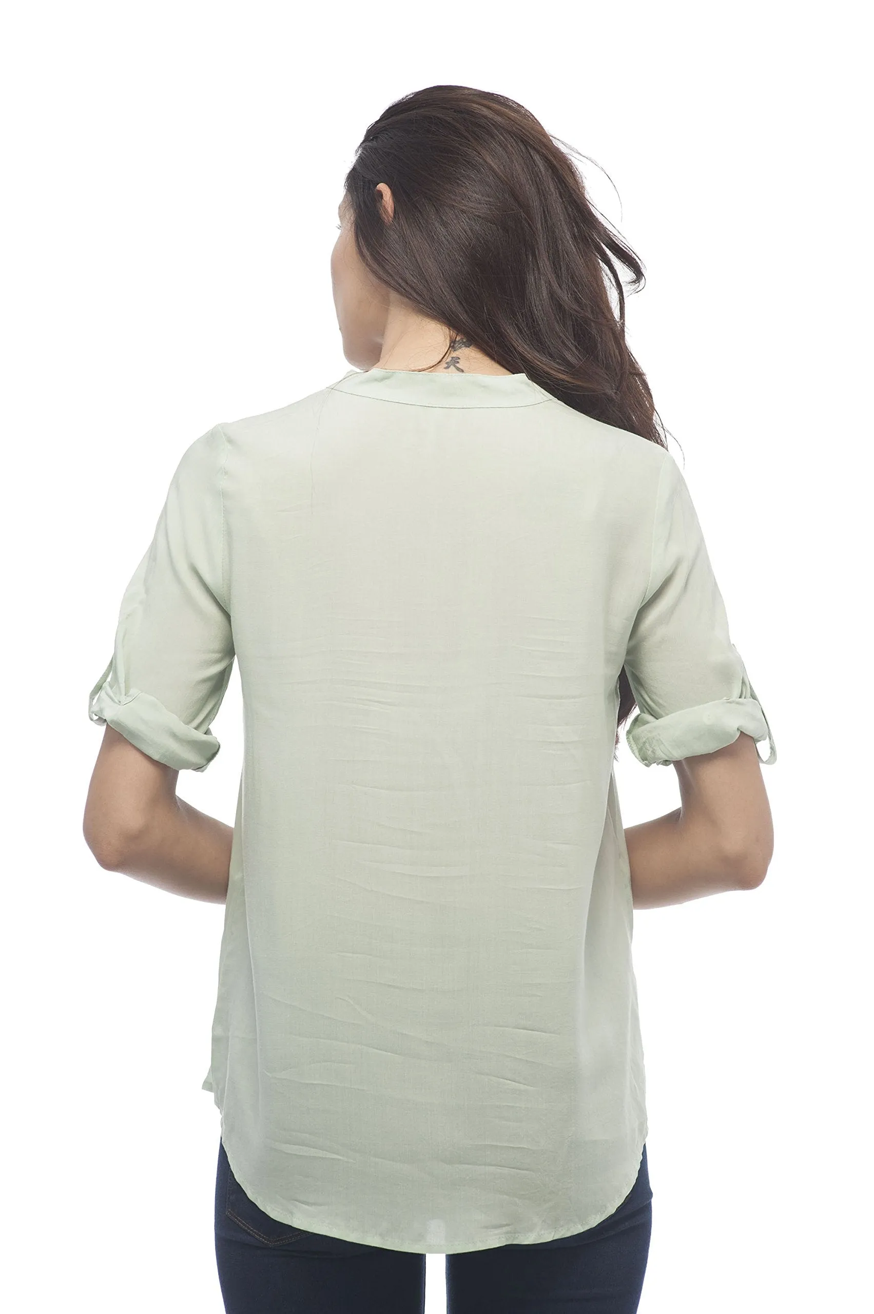 Hollywood Star Fashion Roll up Sleeve Button Up Collar Less Blouse