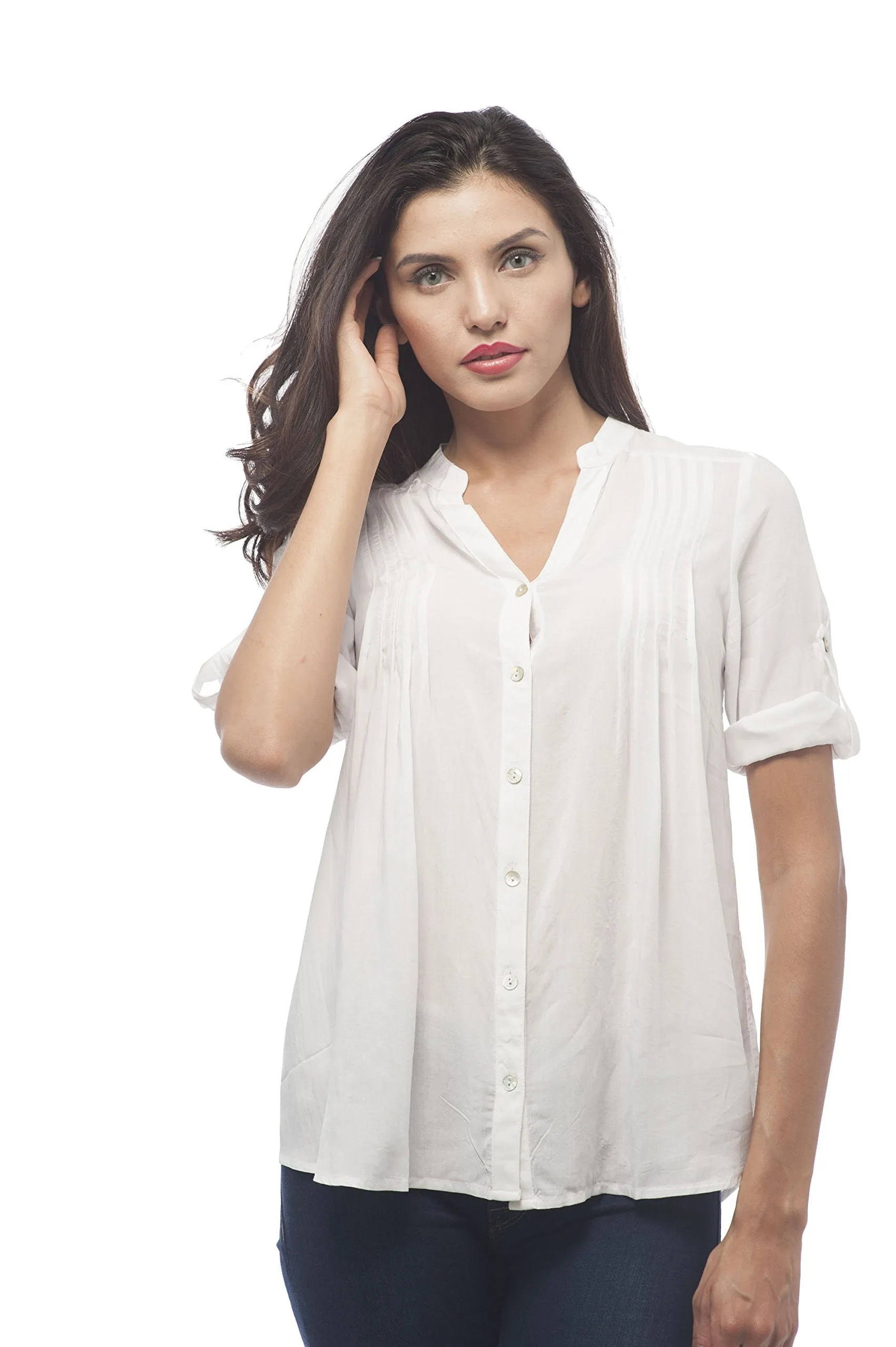 Hollywood Star Fashion Roll up Sleeve Button Up Collar Less Blouse