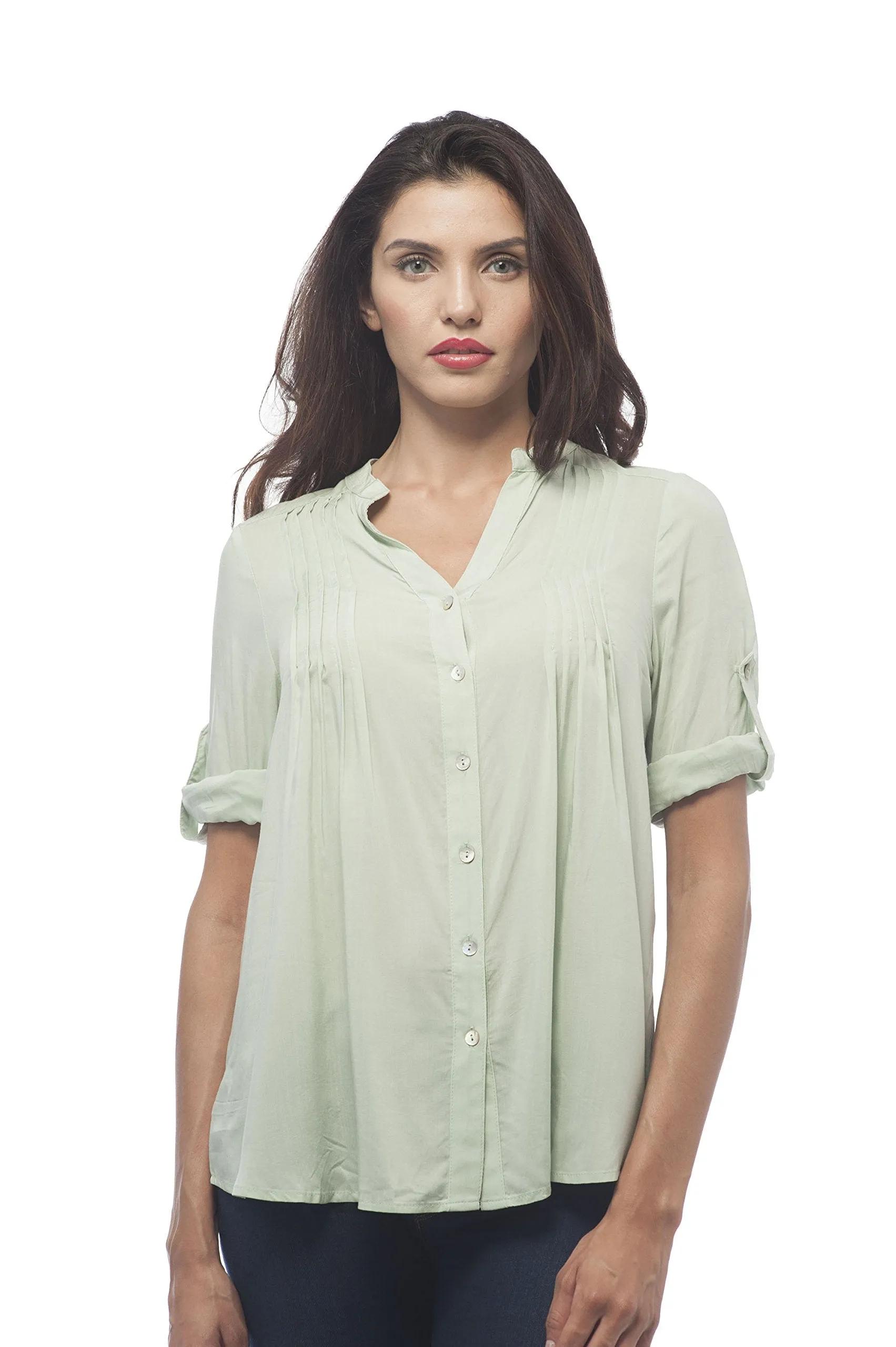 Hollywood Star Fashion Roll up Sleeve Button Up Collar Less Blouse
