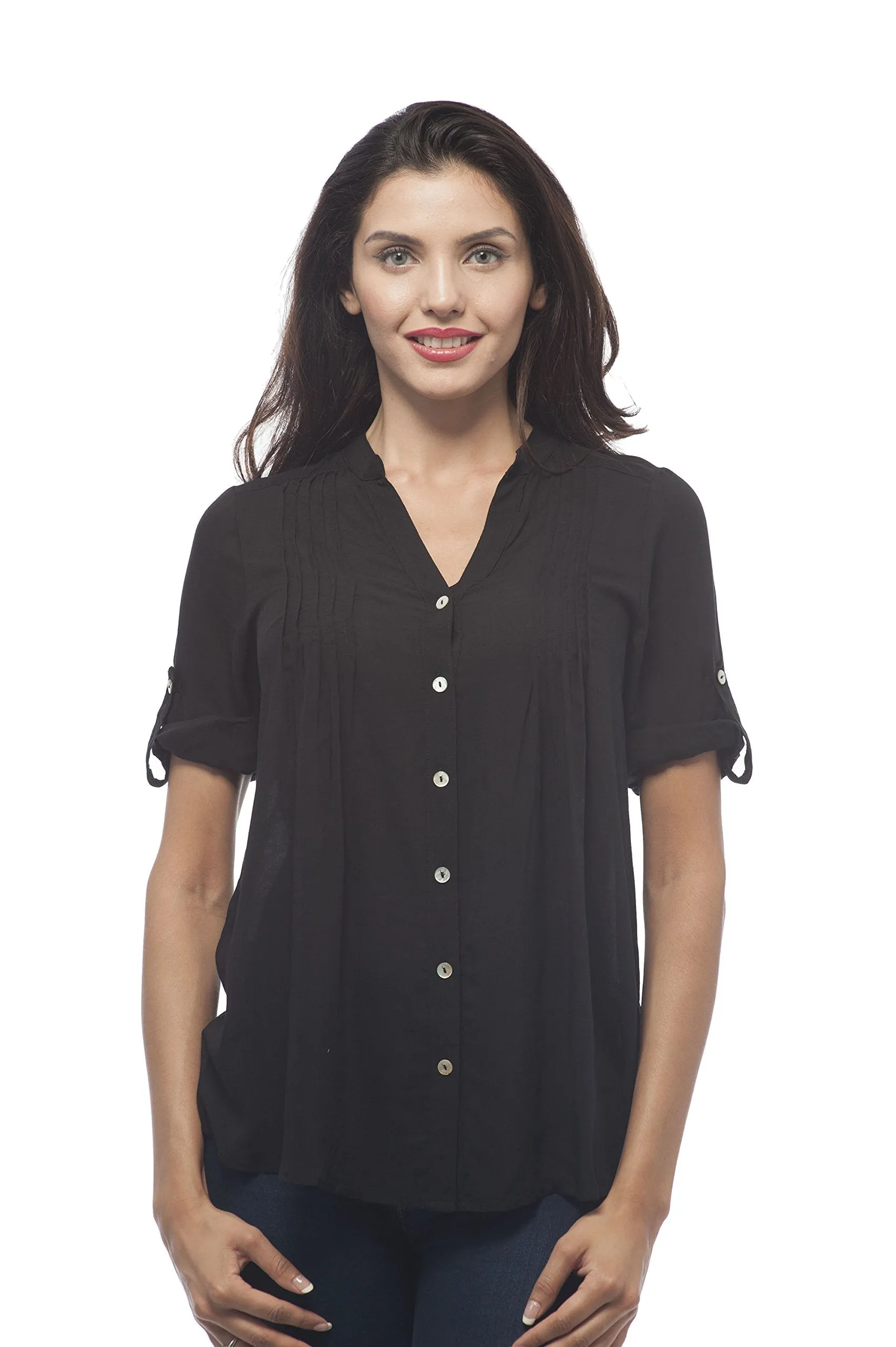 Hollywood Star Fashion Roll up Sleeve Button Up Collar Less Blouse