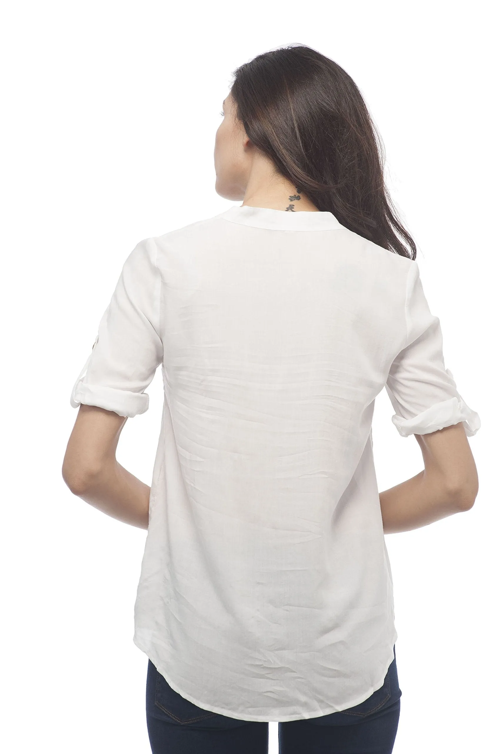 Hollywood Star Fashion Roll up Sleeve Button Up Collar Less Blouse