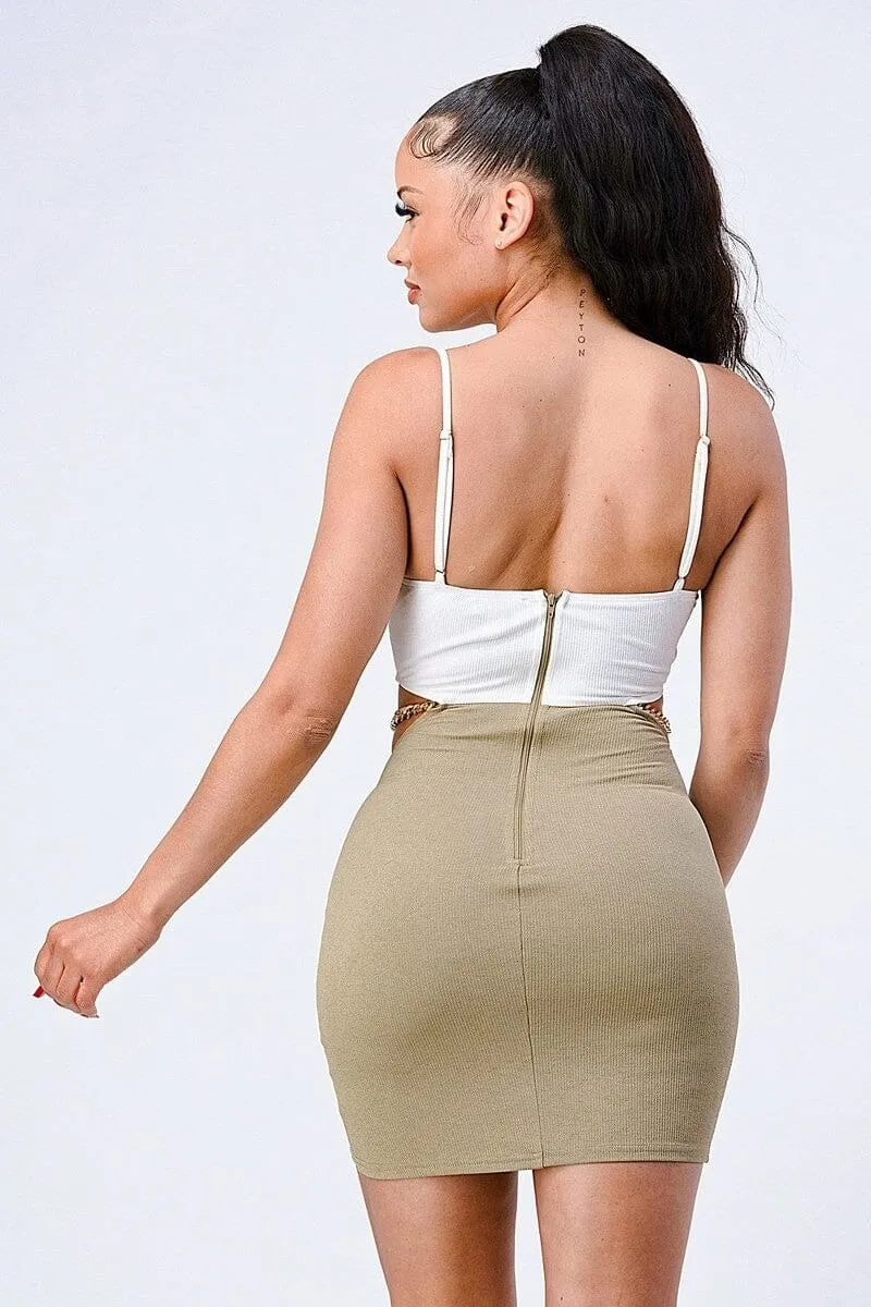 Ivory Olive Green Spaghetti Strap Side Cutout Gold Chain Back Zipper Closure Bodycon Mini Dress_