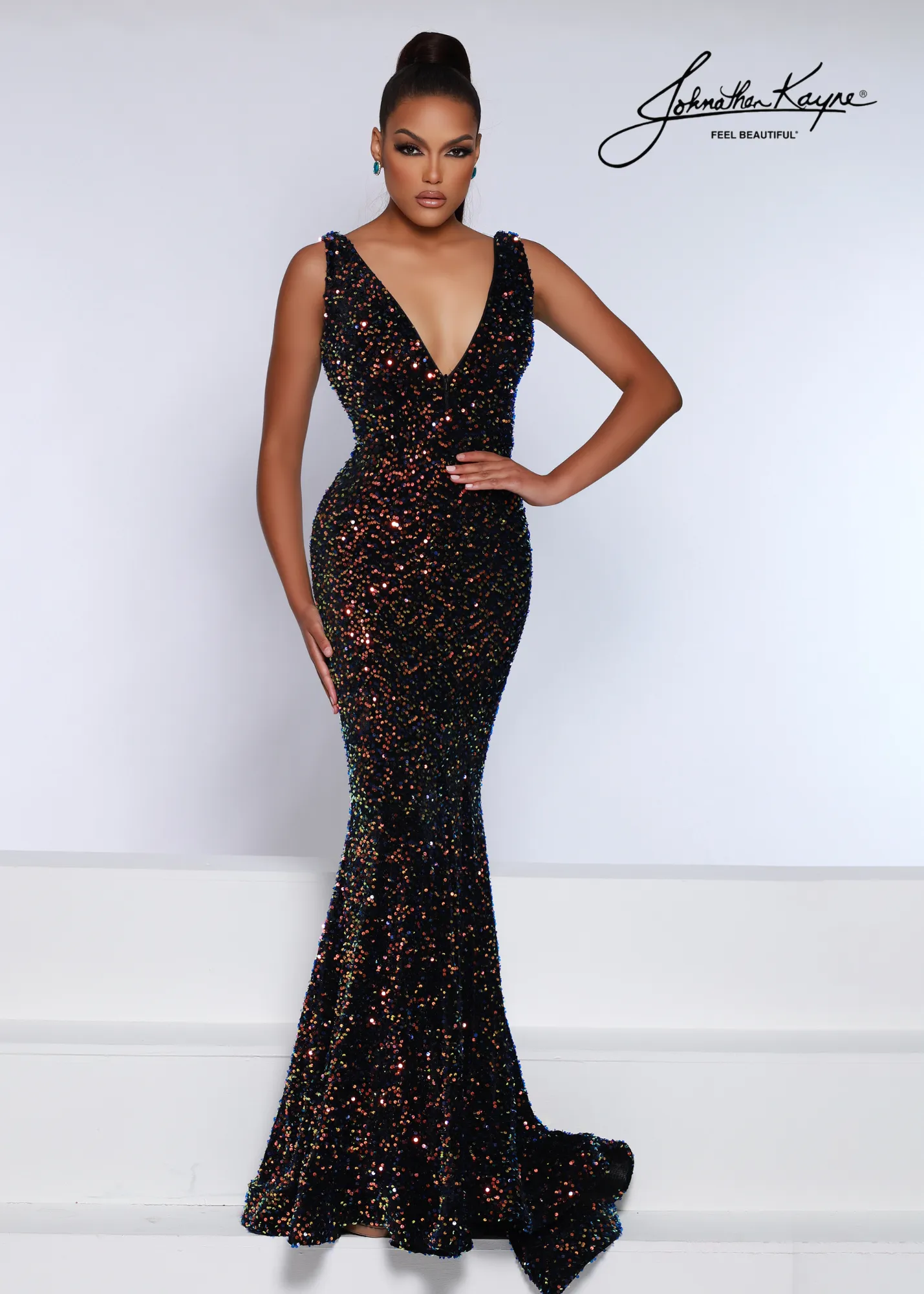 Johnathan Kayne 2655 Long Fitted Velvet Sequin Formal Prom Dress Pageant Gown V Neck