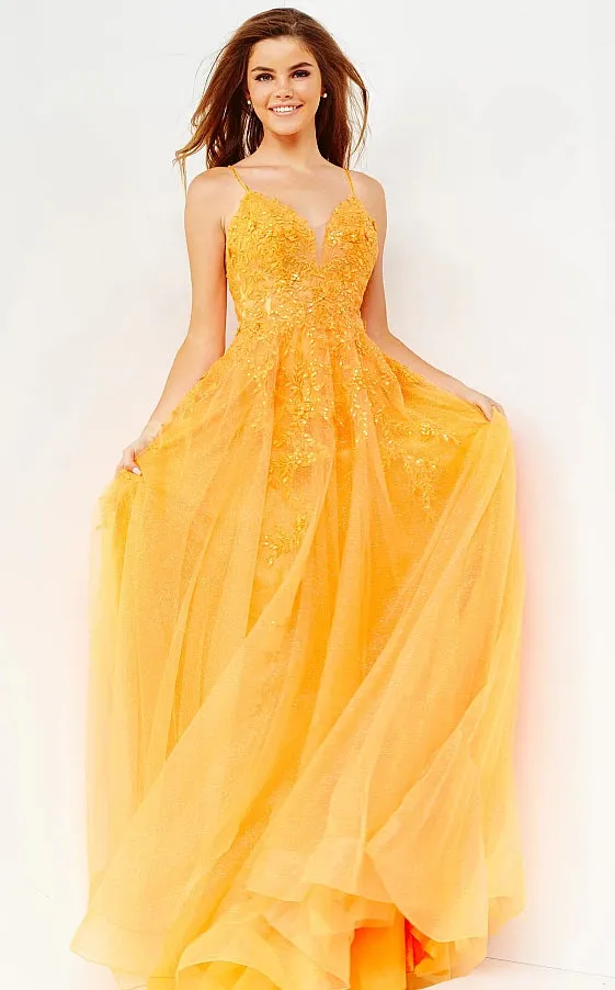 Jovani 02266 floral embroidered A line prom dress evening gown plunging v neckline