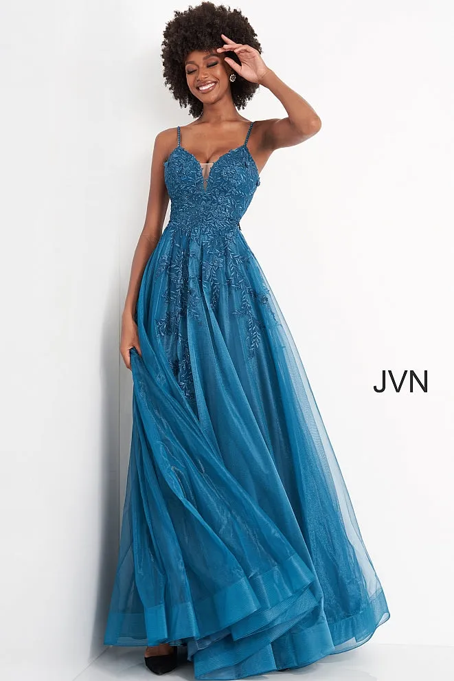 Jovani 02266 floral embroidered A line prom dress evening gown plunging v neckline