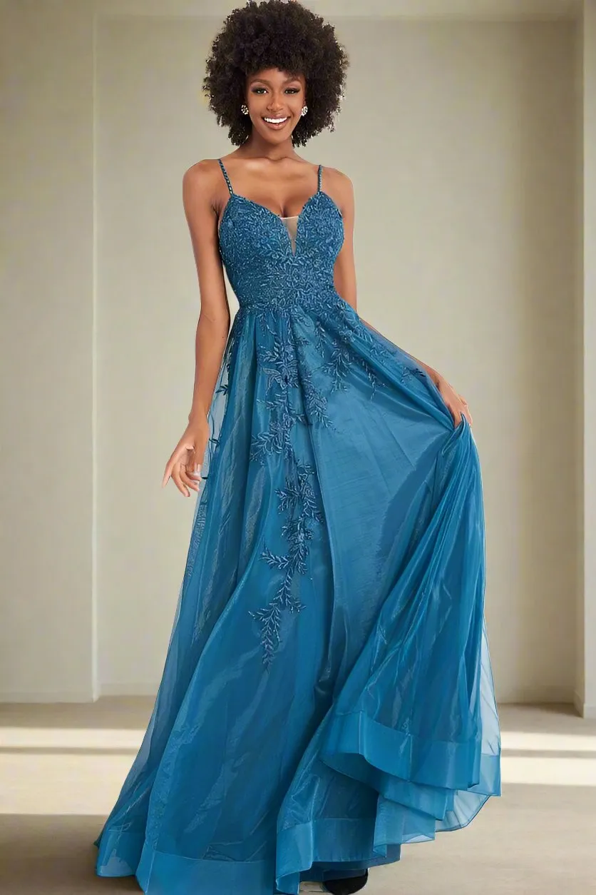 Jovani 02266 floral embroidered A line prom dress evening gown plunging v neckline