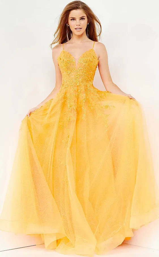Jovani 02266 floral embroidered A line prom dress evening gown plunging v neckline