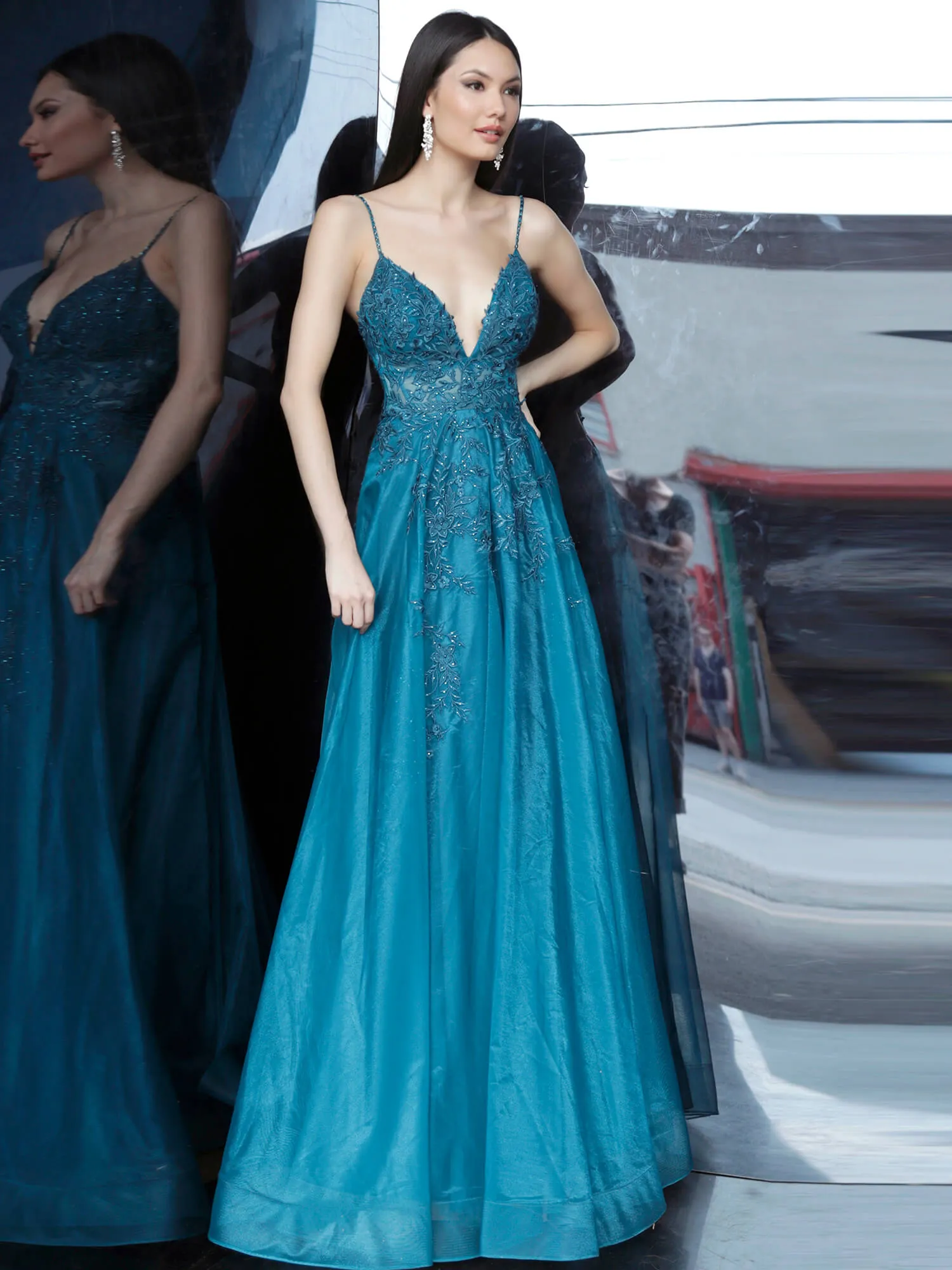Jovani 02266 floral embroidered A line prom dress evening gown plunging v neckline