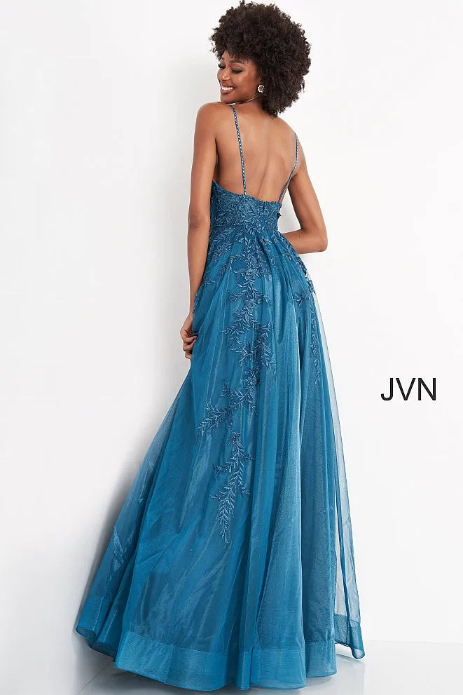 Jovani 02266 floral embroidered A line prom dress evening gown plunging v neckline