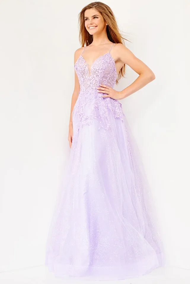 Jovani 02266 floral embroidered A line prom dress evening gown plunging v neckline