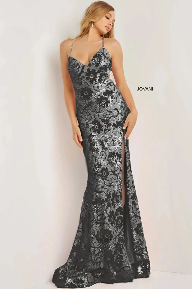 Jovani 08255 Floral Sequined Prom Dress Low Tie Back Sheath