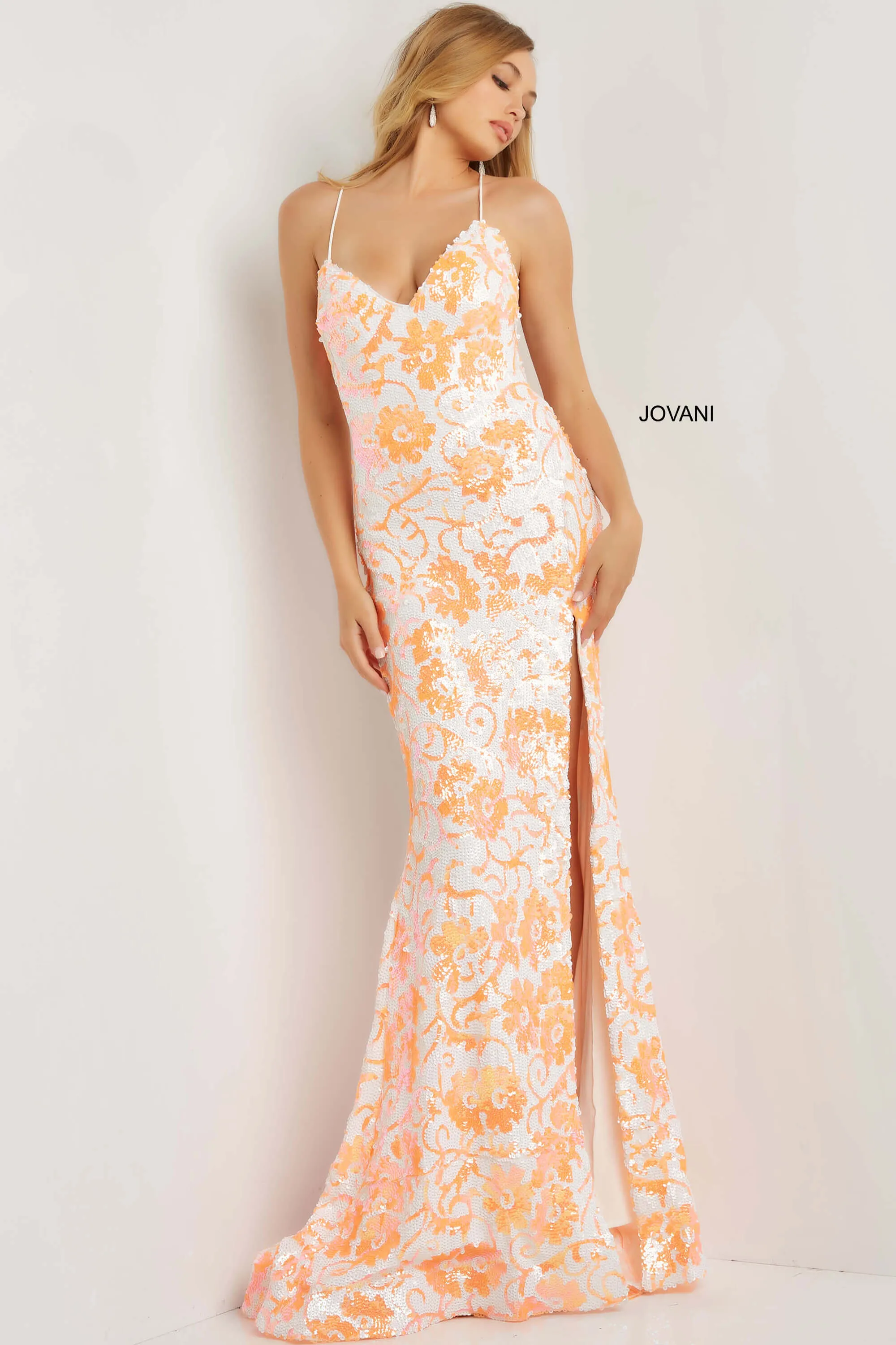 Jovani 08255 Floral Sequined Prom Dress Low Tie Back Sheath