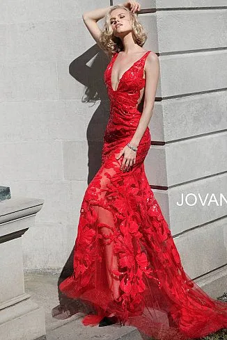 Jovani 60283 size 10 Red sequin floral Lace sheer prom dress Sexy formal gown