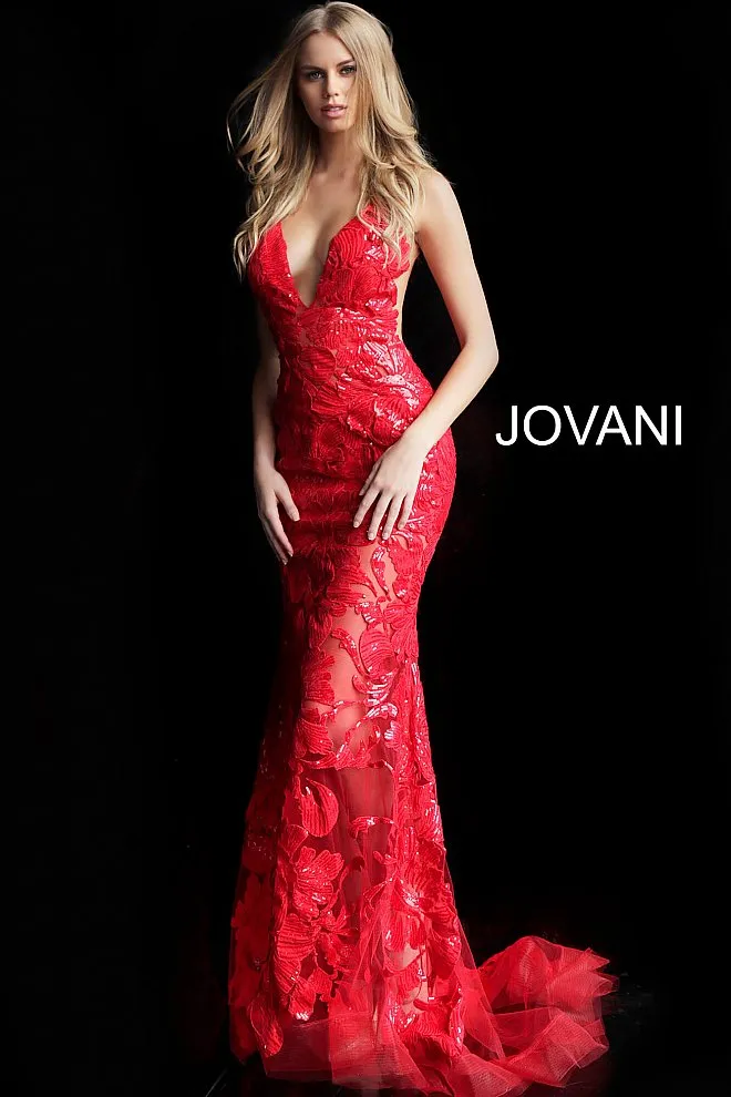 Jovani 60283 size 10 Red sequin floral Lace sheer prom dress Sexy formal gown