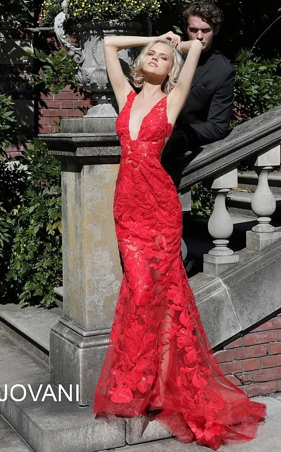Jovani 60283 size 10 Red sequin floral Lace sheer prom dress Sexy formal gown