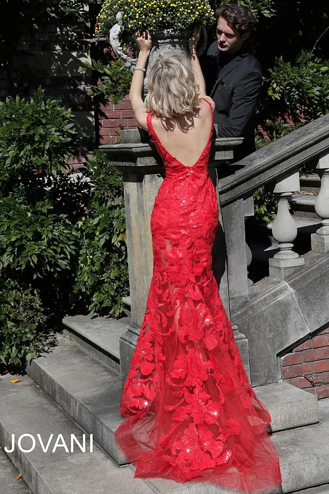 Jovani 60283 size 10 Red sequin floral Lace sheer prom dress Sexy formal gown