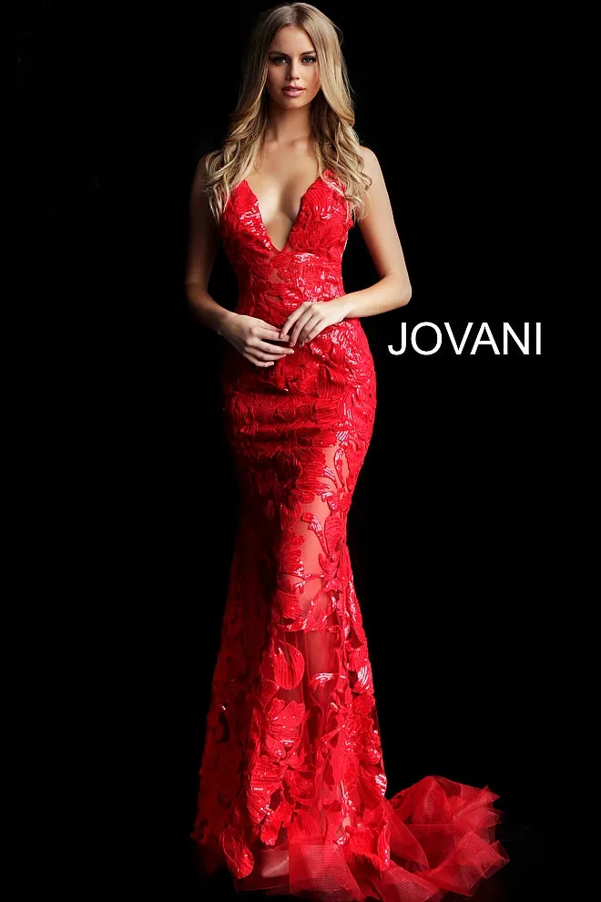 Jovani 60283 size 10 Red sequin floral Lace sheer prom dress Sexy formal gown