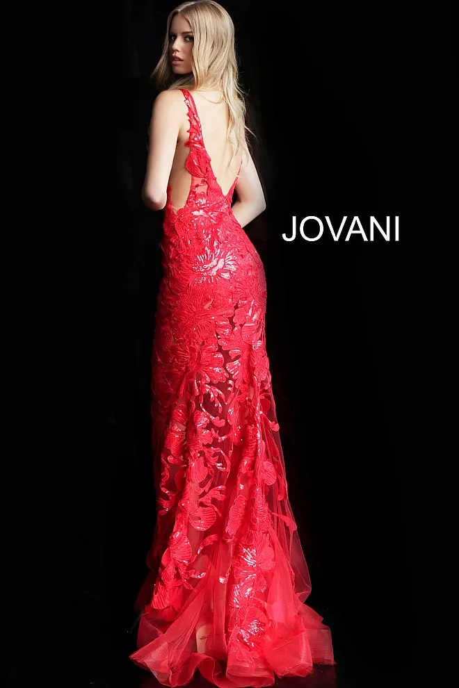 Jovani 60283 size 10 Red sequin floral Lace sheer prom dress Sexy formal gown