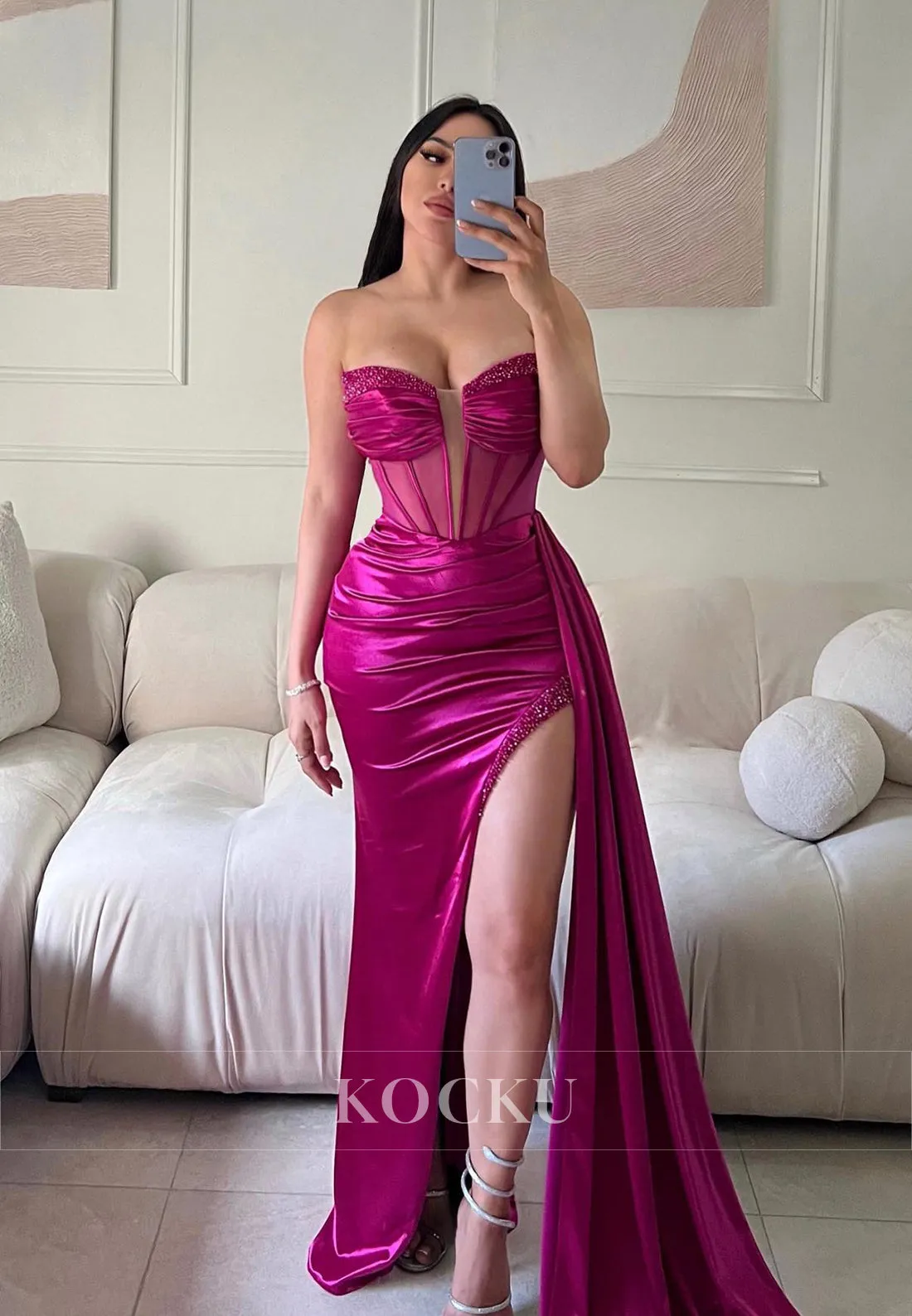 L1133 - Low V-Neck Strapless Beaded Ruched Satin Sheath Long Evening Dress