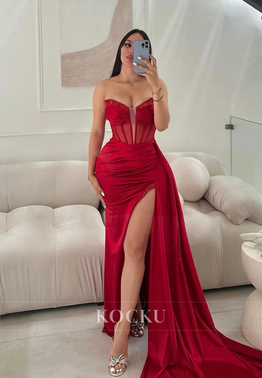L1133 - Low V-Neck Strapless Beaded Ruched Satin Sheath Long Evening Dress