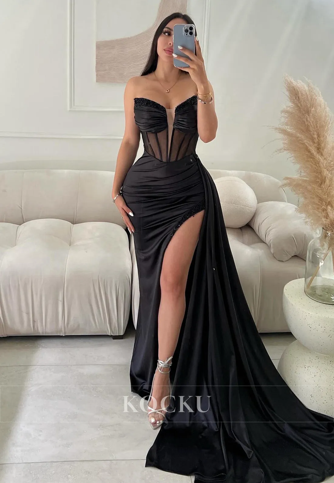L1133 - Low V-Neck Strapless Beaded Ruched Satin Sheath Long Evening Dress