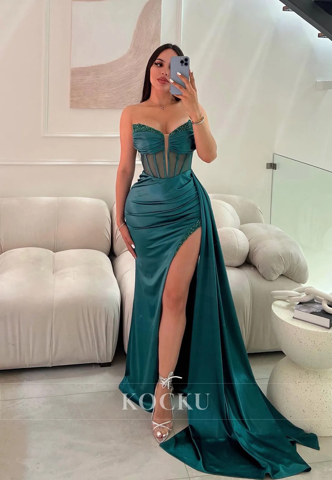 L1133 - Low V-Neck Strapless Beaded Ruched Satin Sheath Long Evening Dress