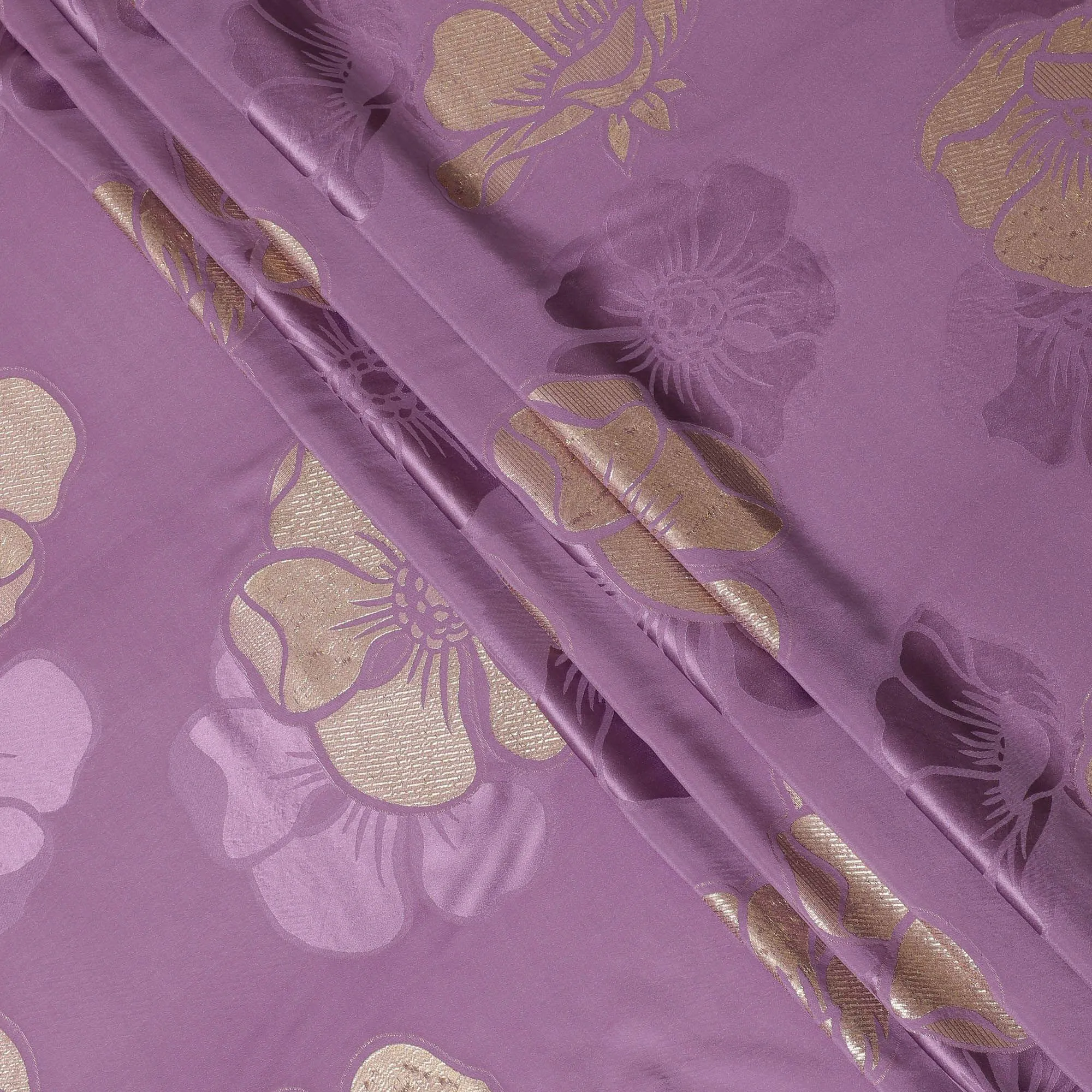 Lavender Premium pure silk crepe fabric with same tone jacquard and gold metallic lurex in floral design-D14631