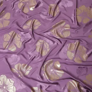 Lavender Premium pure silk crepe fabric with same tone jacquard and gold metallic lurex in floral design-D14631